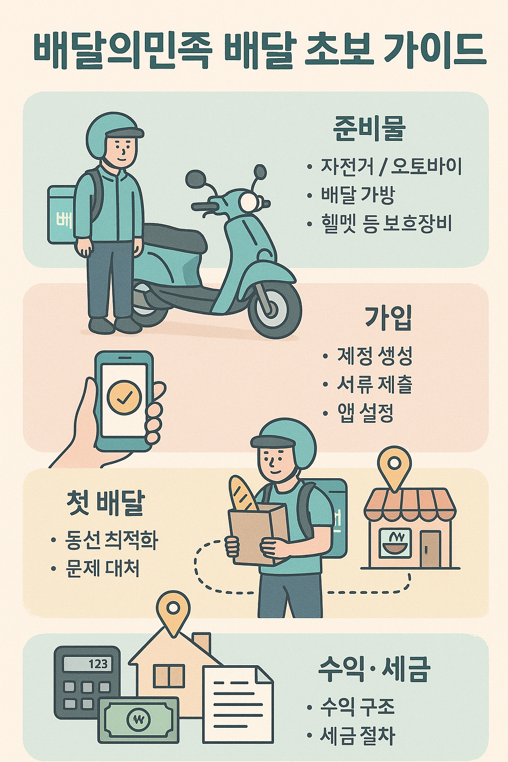 배달의민족 배달 초보 가이드 대표 이미지: 준비물, 가입, 첫 배달, 동선 최적화, 수익과 세금 절차를 설명하는 인포그래픽