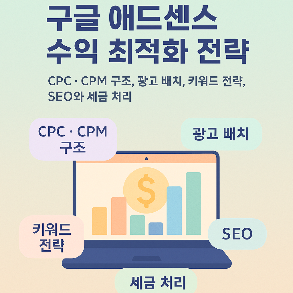 구글 애드센스 수익 최적화 인포그래픽: CPC·CPM 구조, 광고 배치, 키워드 전략, SEO와 세금 처리 단계