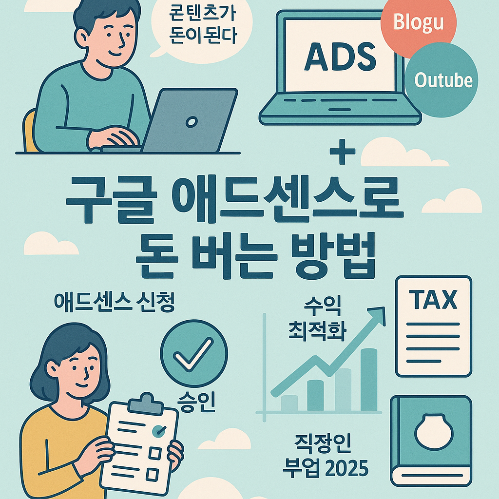 구글 애드센스 부업 인포그래픽: 블로그·유튜브 승인 절차, 수익 구조, 최적화와 세금 전략을 한눈에 정리