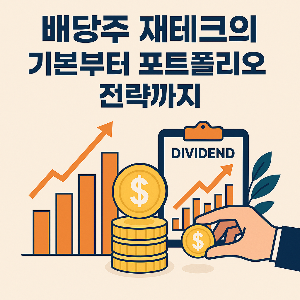 배당주 재테크의 기본부터 포트폴리오 전략까지를 설명하는 한국어 인포그래픽, 배당주 투자 개념과 장단점, 국내 고배당주 및 ETF 활용 전략을 시각적으로 정리한 이미지