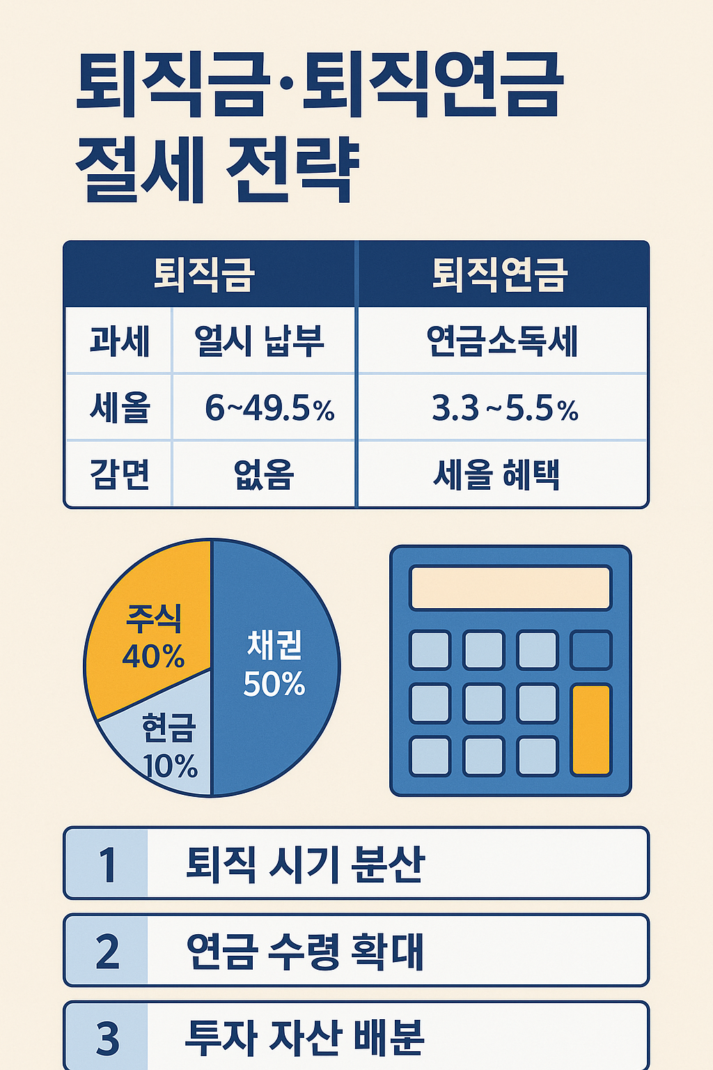 퇴직금과 퇴직연금 절세 전략 요약 인포그래픽