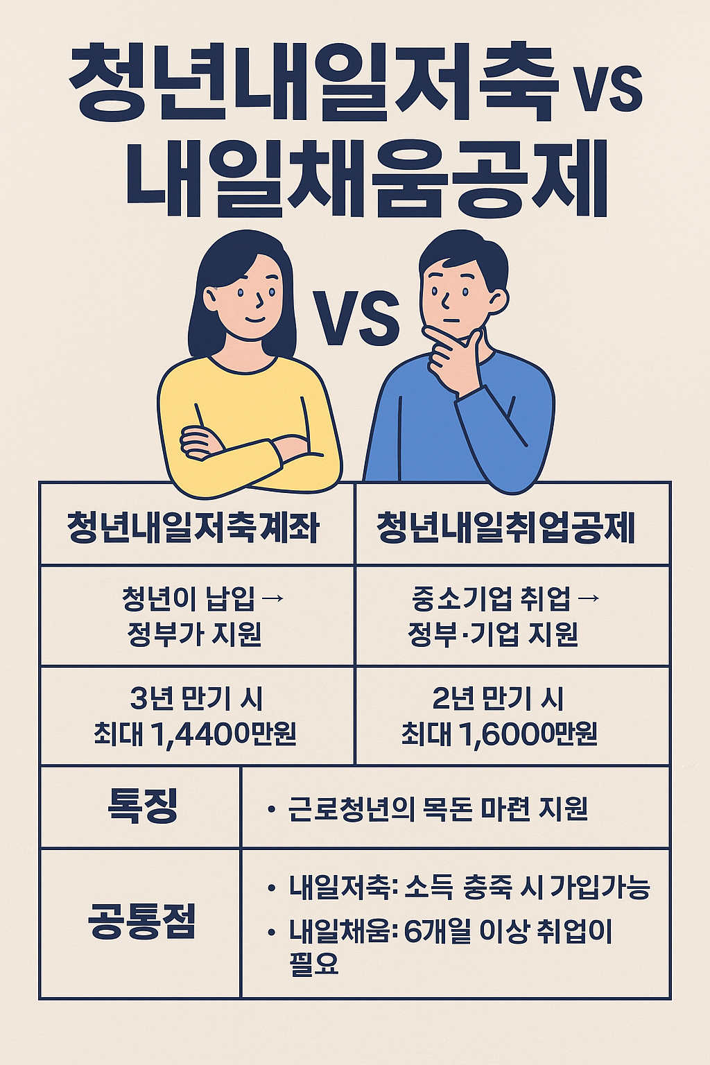 청년내일저축계좌와 청년내일채움공제 비교 인포그래픽 — 대상, 혜택, 구조, 수령 방식, 선택 가이드