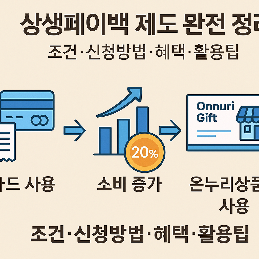 상생페이백 제도 신청 과정과 환급 조건을 보여주는 한국어 인포그래픽, 카드 사용 → 소비 증가 → 20% 페이백 → 온누리상품권 사용 흐름 아이콘 포함