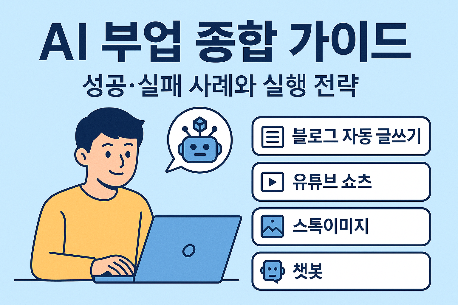 AI 부업 종합 가이드, 블로그 자동 글쓰기·유튜브 쇼츠·스톡이미지·챗봇 등 AI 활용 부업 전략 설명