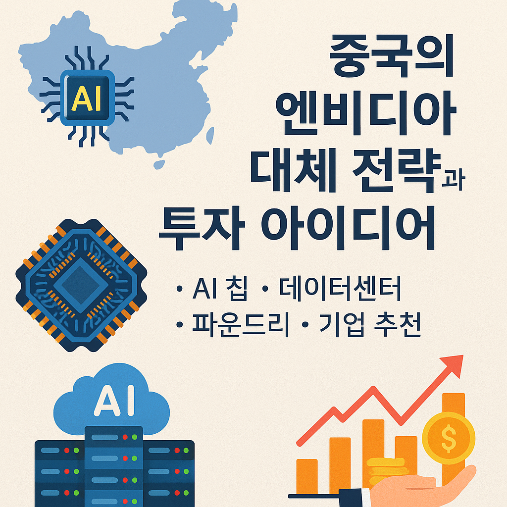 중국 엔비디아 대체 전략 인포그래픽: 중국 지도, 반도체 칩, AI 데이터센터, 주가 차트와 투자 아이콘이 어우러진 시각 자료