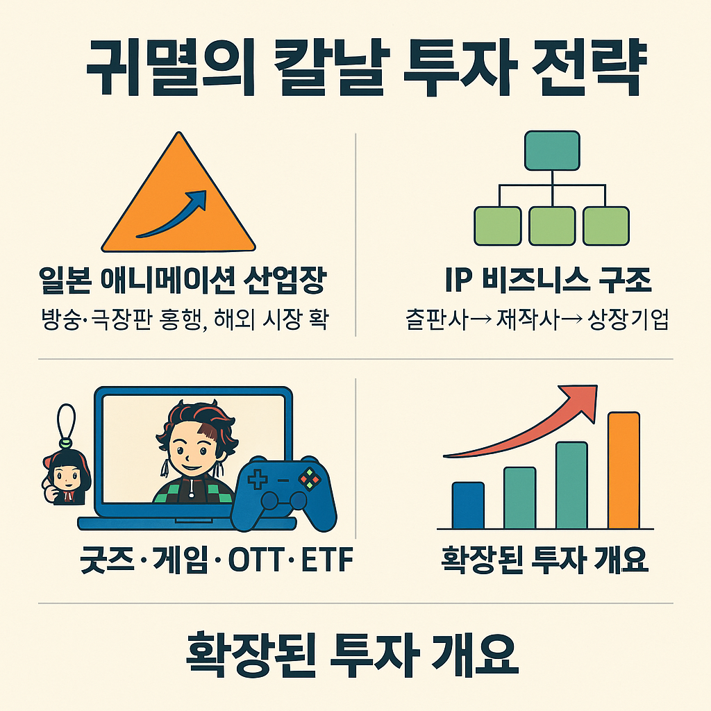 귀멸의 칼날 투자 인포그래픽: 애니메이션 산업 성장, IP 비즈니스, 굿즈·게임·OTT·ETF를 묶은 개요 이미지