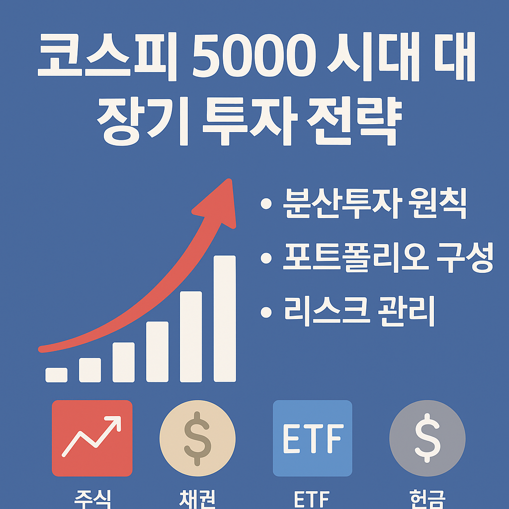코스피 5000 시대 장기 투자 전략 인포그래픽: 상승 차트, 주식·채권·ETF·현금 아이콘으로 분산 포트폴리오 구성을 시각화한 이미지