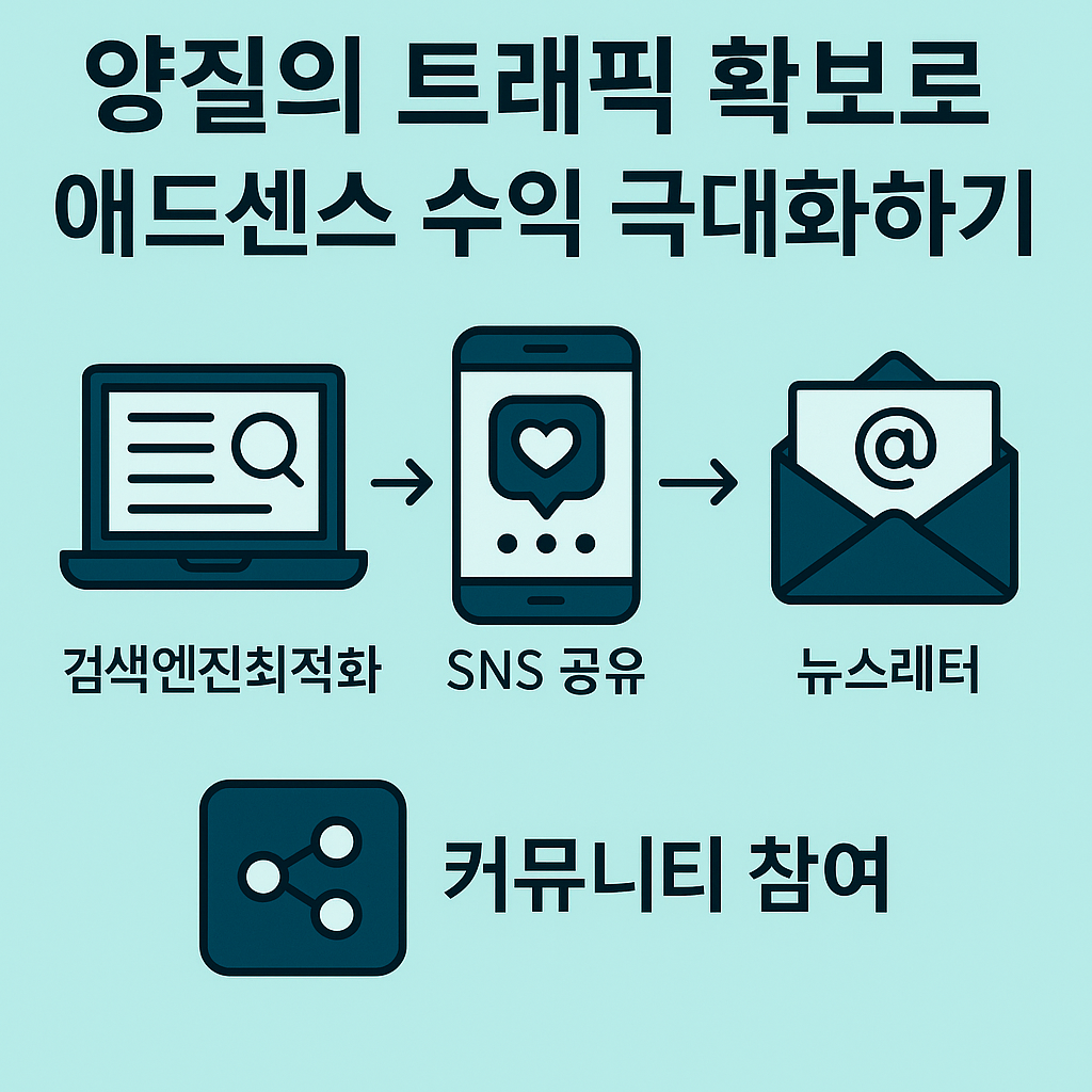 양질의 트래픽 확보 전략을 상징하는 검색엔진 최적화, SNS 공유, 뉴스레터 아이콘이 들어간 인포그래픽