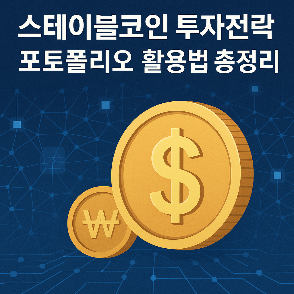 스테이블코인을 상징하는 달러 연동 디지털 코인과 블록체인 네트워크 일러스트