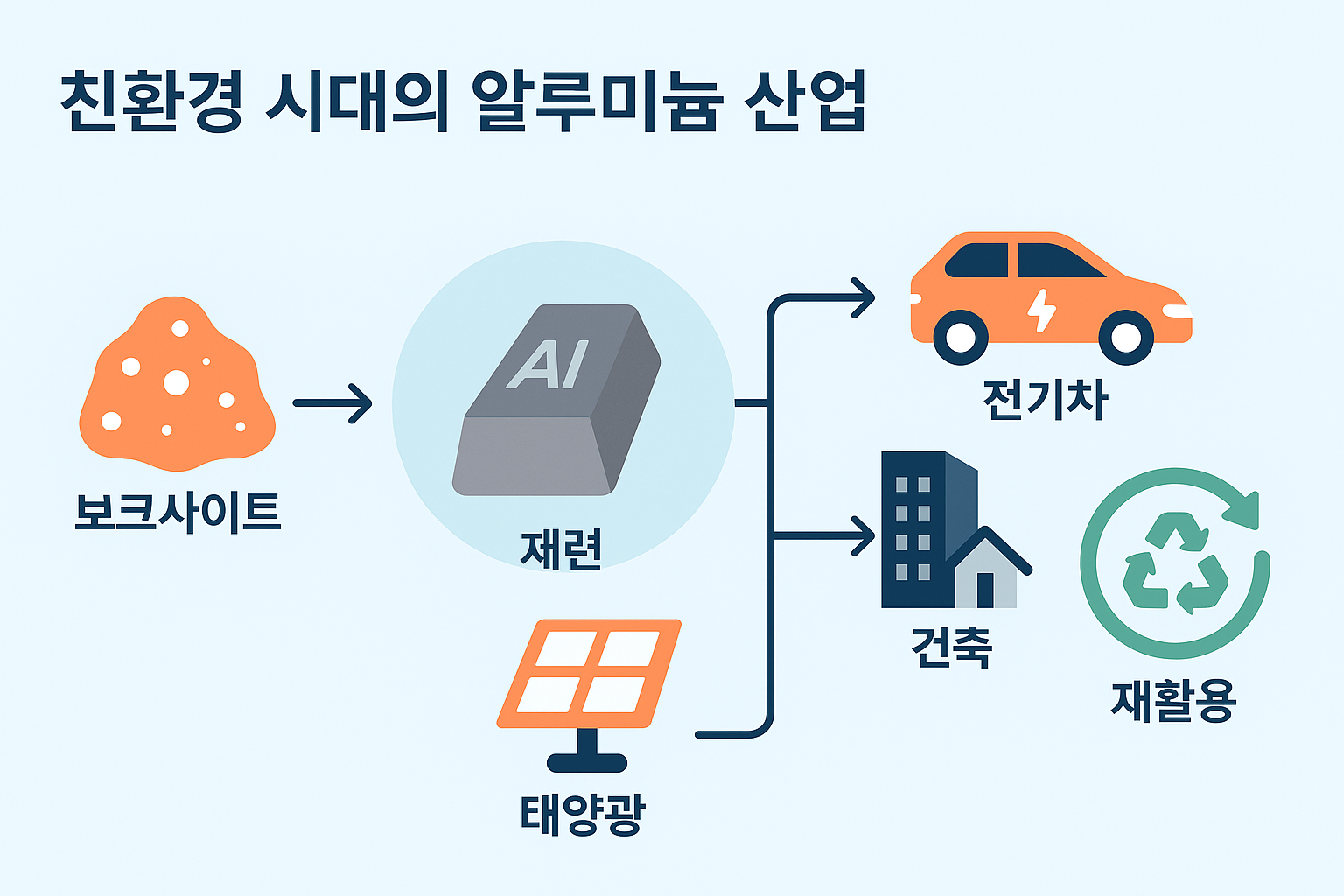 알루미늄 산업 구조: 보크사이트 채굴→제련→전기차·건축·태양광→재활용 흐름 인포그래픽