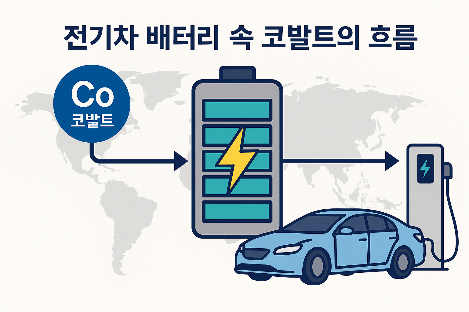 전기차 배터리 속 코발트의 흐름 – 코발트 채굴 → 정제 → 배터리 제조 → 전기차 사용 (인포그래픽)