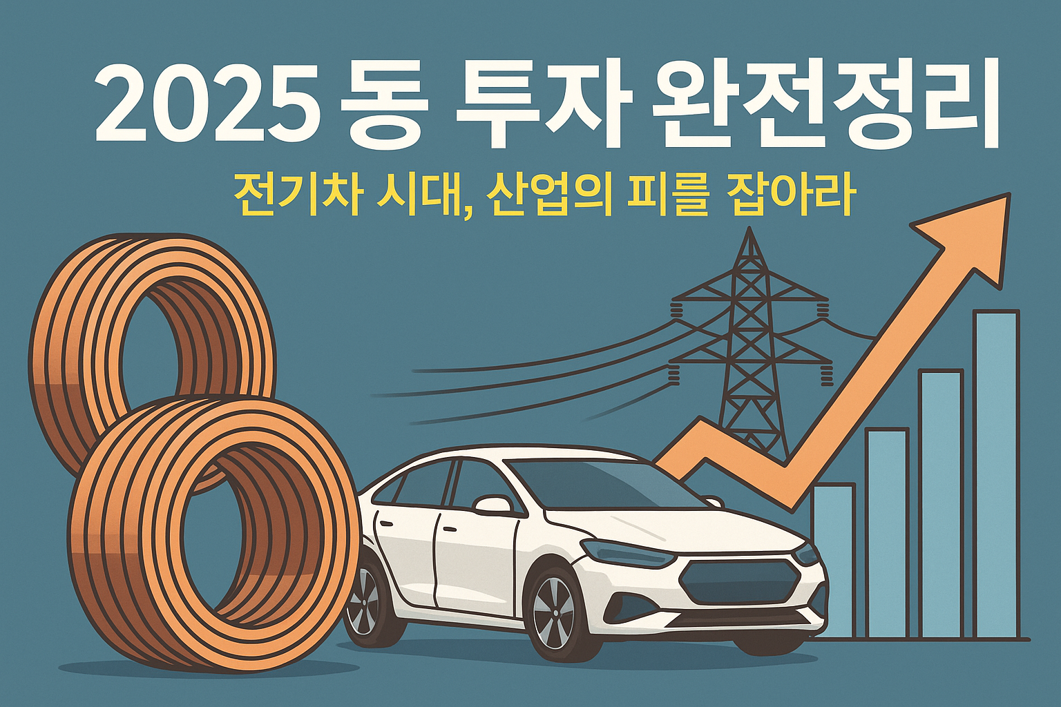 동(구리) 투자 완전정리 대표 이미지 - 구리선, 전기차, 송전탑, 상승 그래프 인포그래픽