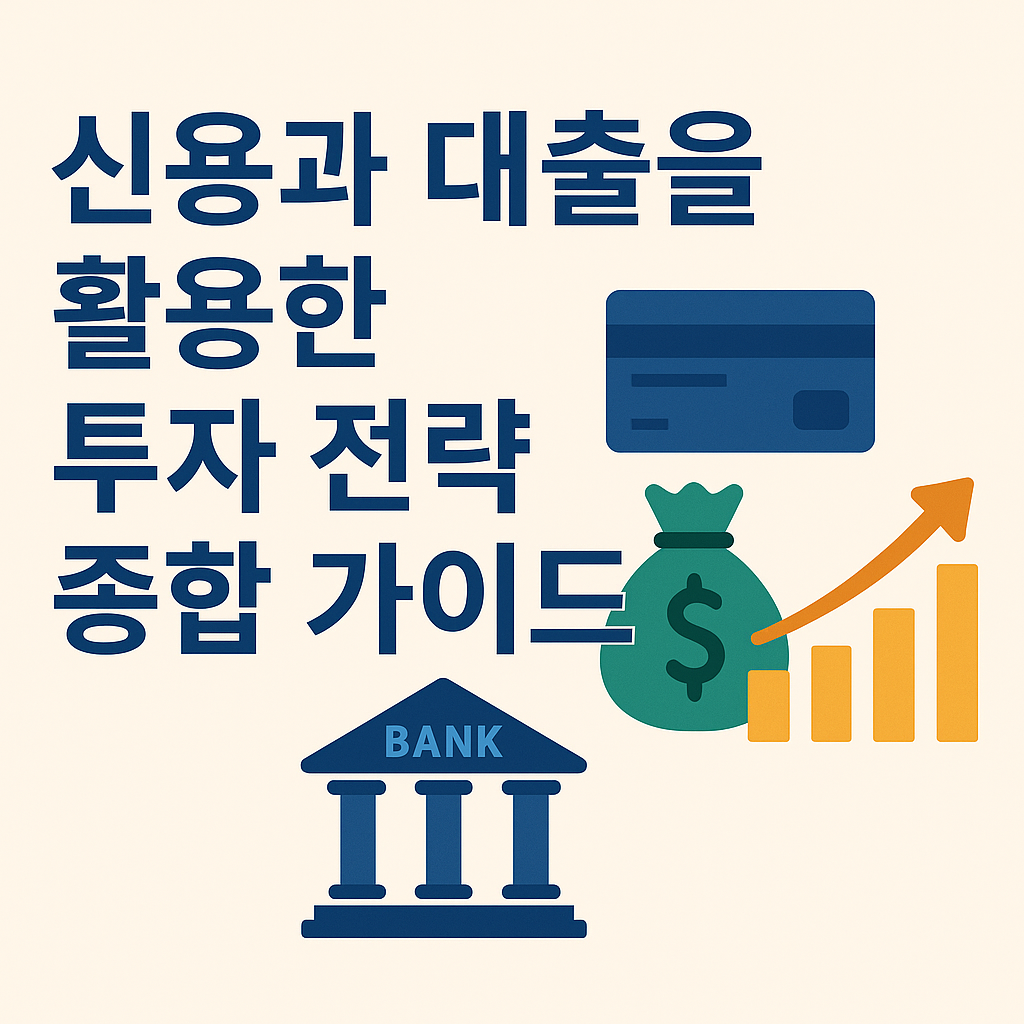 신용과 대출을 활용한 투자 전략을 설명하는 인포그래픽, 레버리지 개념·위험 관리·자산 배분을 종합적으로 보여주는 한국어 디지털 일러스트