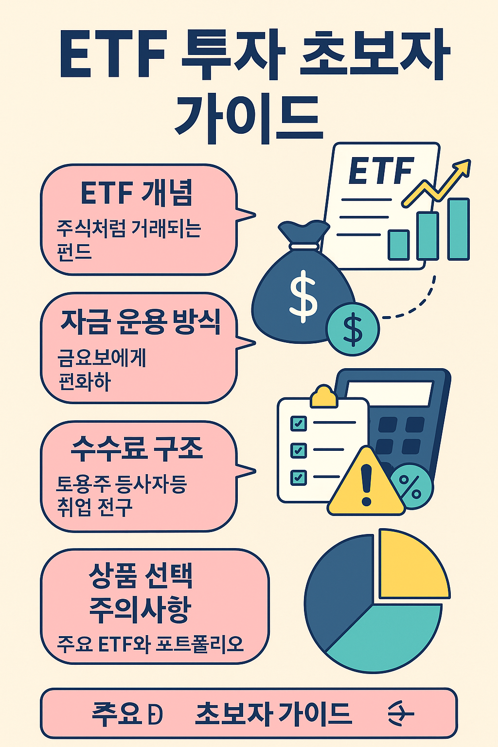 ETF 투자 초보자 가이드 인포그래픽: ETF 개념, 자금 운용 방식, 수수료 구조, 상품 선택 주의사항, 주요 ETF와 포트폴리오