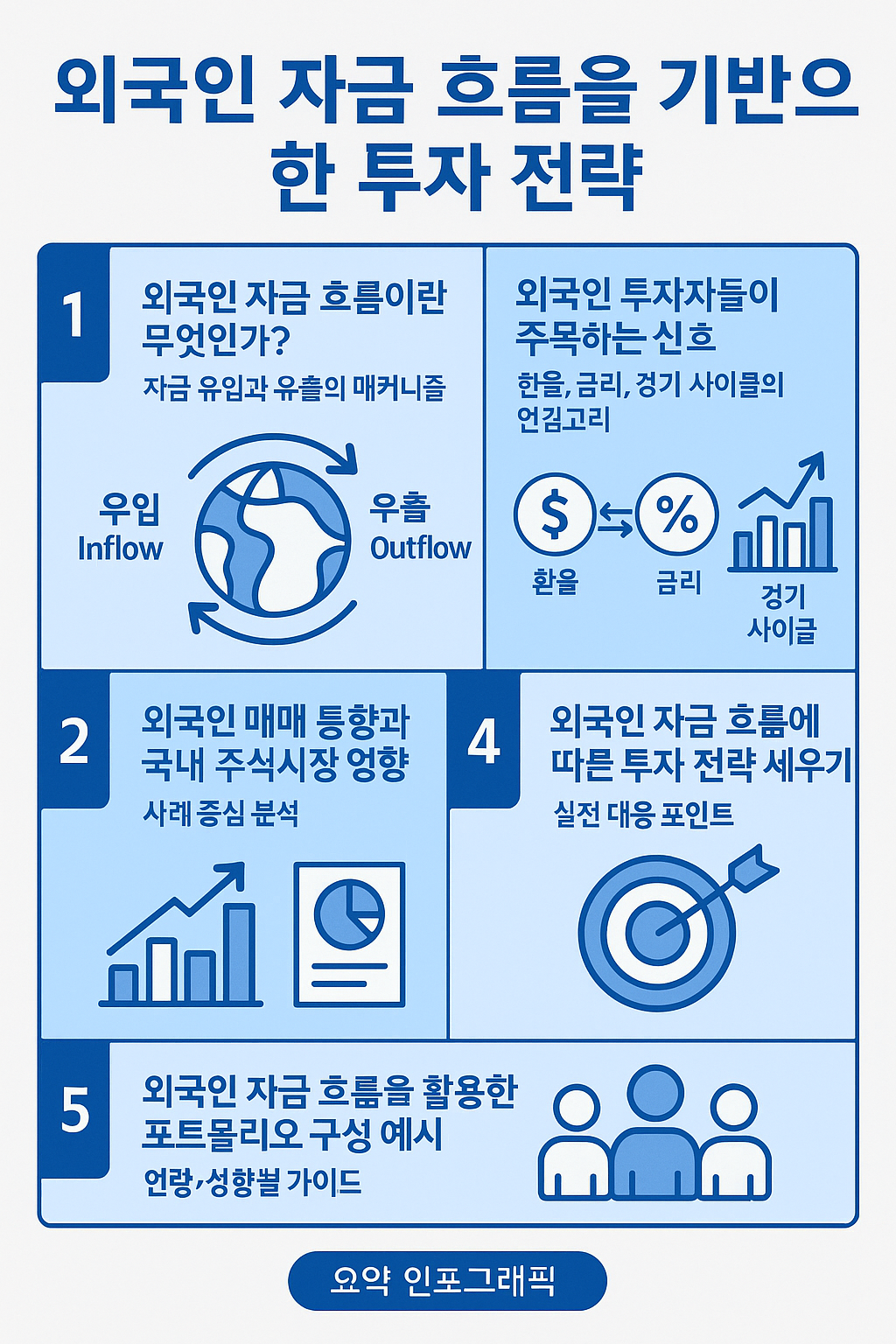 외국인 자금 흐름을 기반으로 한 투자 전략: 환율·금리·경기 사이클과 국내 시장 영향, 실전 포트폴리오 가이드를 요약한 인포그래픽