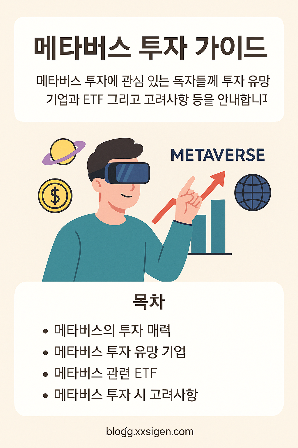 메타버스 투자 가이드: 플랫폼·하드웨어·콘텐츠·네트워크·ETF 전략을 요약한 인포그래픽