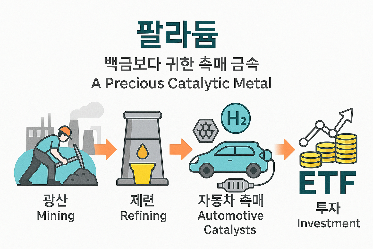 팔라듐 산업 구조 인포그래픽 – 광산→제련→자동차 촉매→반도체→수소→투자 흐름