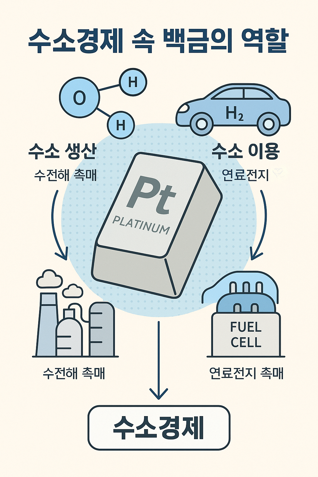 수소경제 속 백금의 역할 – 채굴→정제→산업(연료전지·촉매)→투자 흐름 인포그래픽