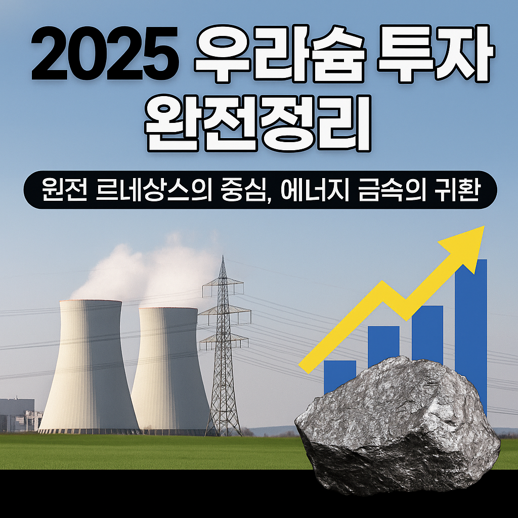 우라늄 투자 완전정리 대표 이미지 - 원전, 우라늄 금속, 상승 그래프 인포그래픽